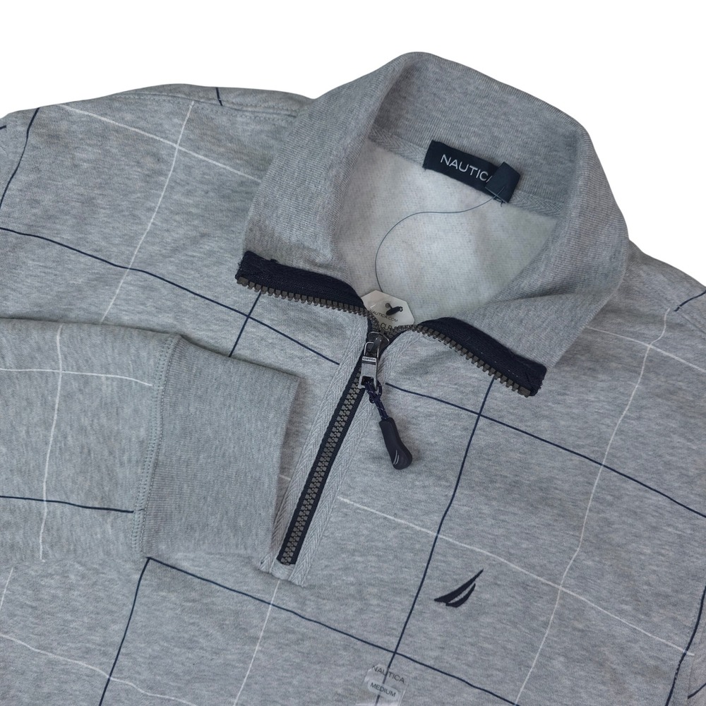 Nautica Quarter Zip Pullover Mens M Grey Heather‎ Windowpane Long Sleeve Preppy